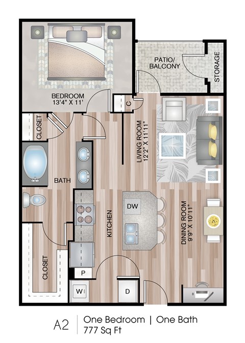 777 Square Foot One Bedroom Apartment Floor Plan